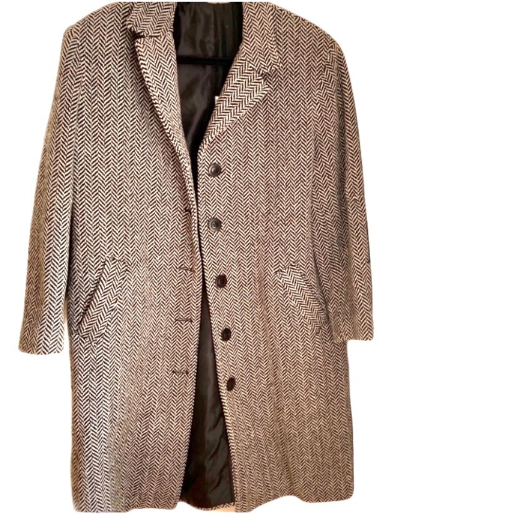 Herringbone Classic Black and White Wool Pea Coat, Small - Picture 2 of 8